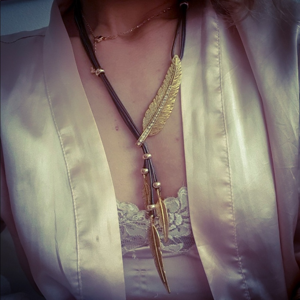 Bohemian Coffee Rope Style Gold Leaf Necklace - Picture 6 of 8
